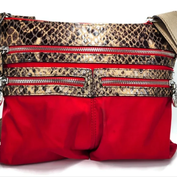 Brighton GoGo Red Nylon Black-Tan Snake Print Leather Convertable Crossbody Bag - Picture 4 of 16